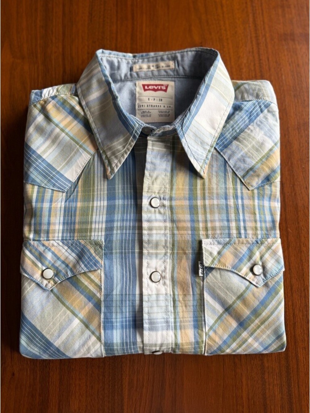 Levi's Men's Green & Blue Plaid Western Shirt w/Pearl Snaps - Size S